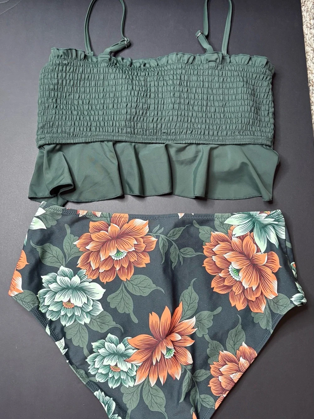 Cupshe Green smocked Ruffled Floral High-Waist Bikini Set